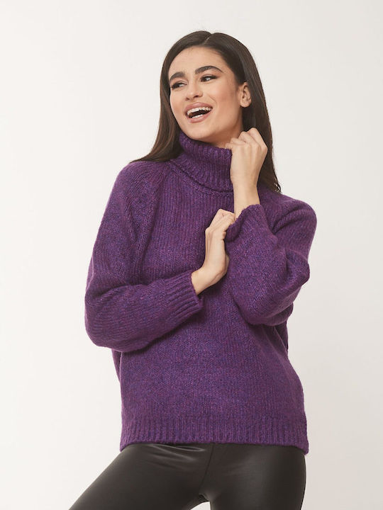 Women's Long Sleeve Sweater Woolen Turtleneck Purple