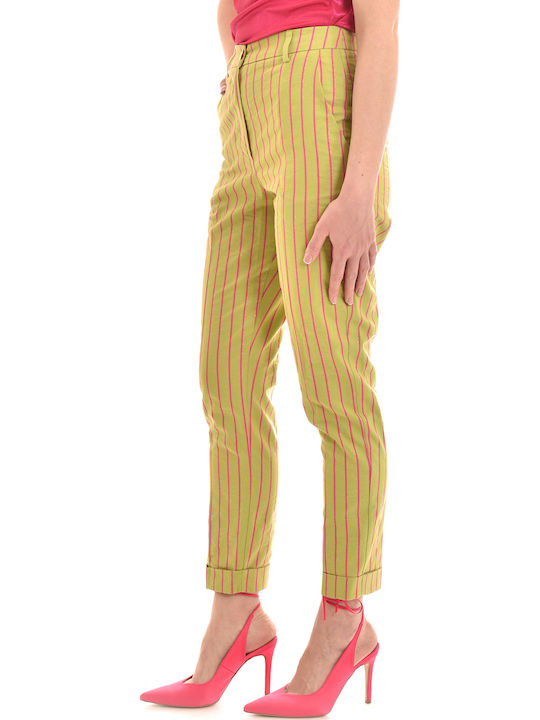 Long Stripped Trousers-green/fuchsia Damen Stoff Hose Gestreift Grün
