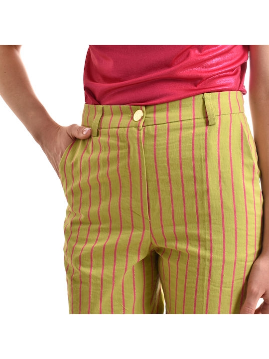 Long Stripped Trousers-green/fuchsia Damen Stoff Hose Gestreift Grün