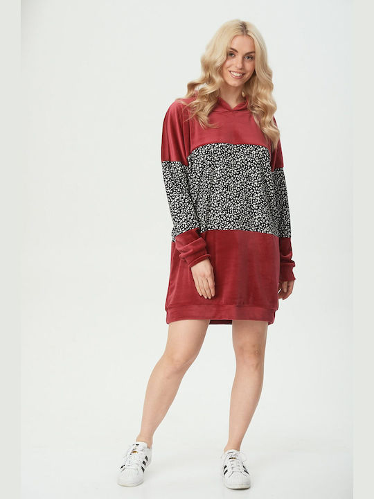 Boutique Mini Athletic Dress Long Sleeve with Hood Burgundy