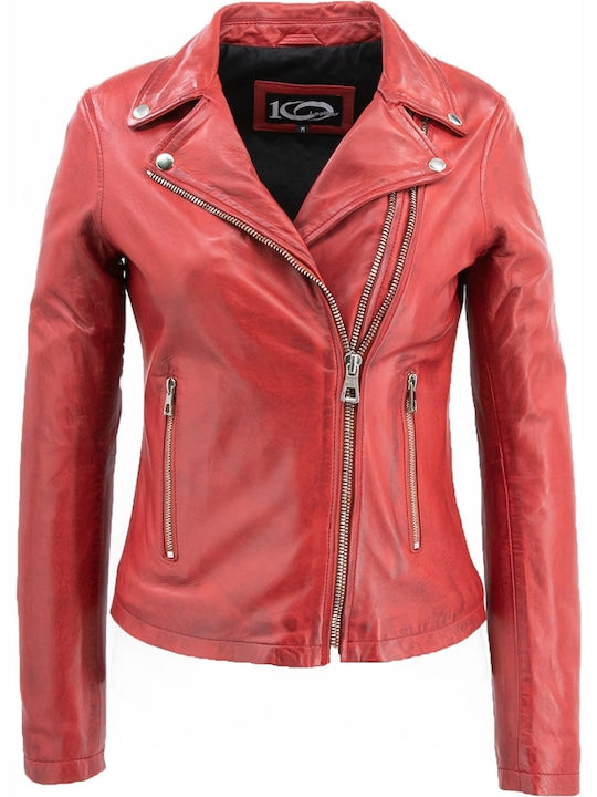 Δερμάτινα 100 Women's Short Biker Leather Jacket for Winter Red