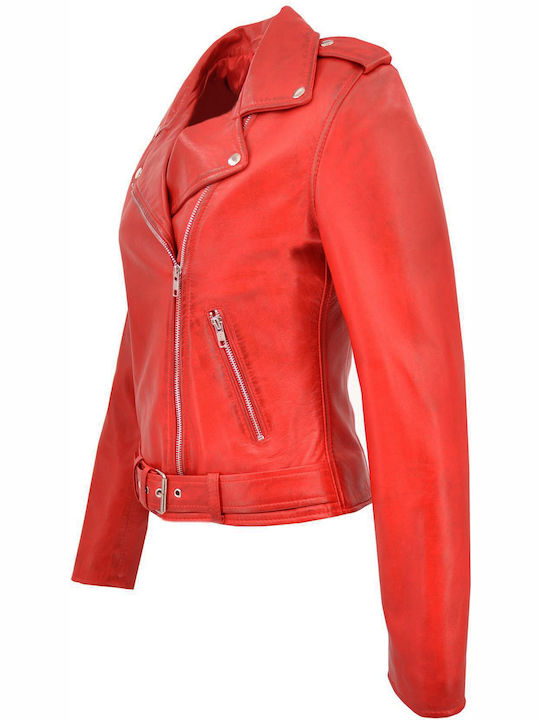 Women's Short Biker Leather Jacket for Winter Red
