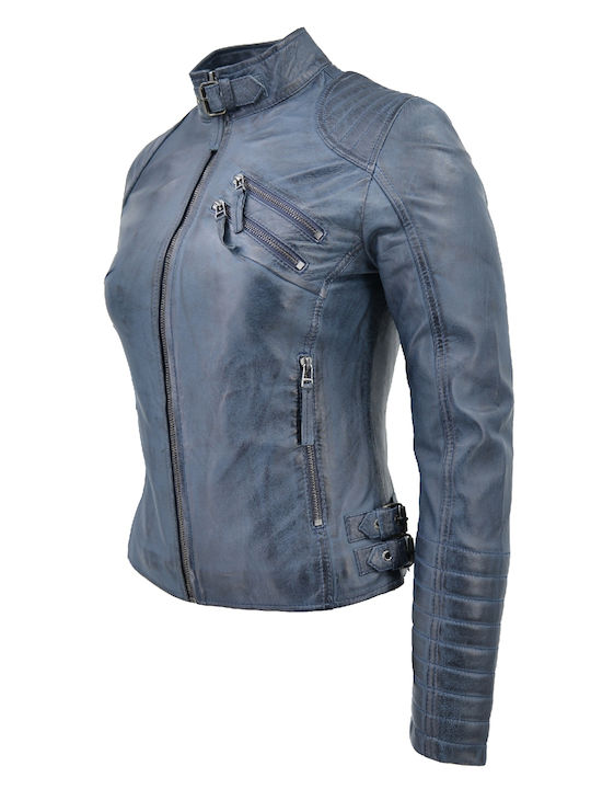 Δερμάτινα 100 Δερμάτινο Γυναικείο Biker Jacket Μπλε