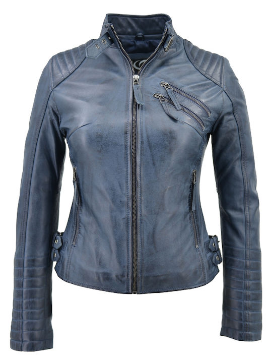 Women's Short Biker Leather Jacket for Winter Blue