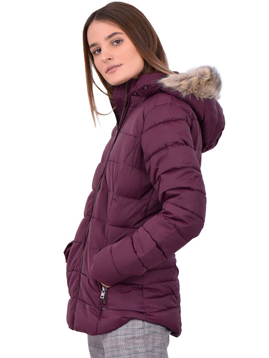 Byoung 'bomina' Kurz Damen Puffer Jacke mit pelziger Kapuze für Winter Lila