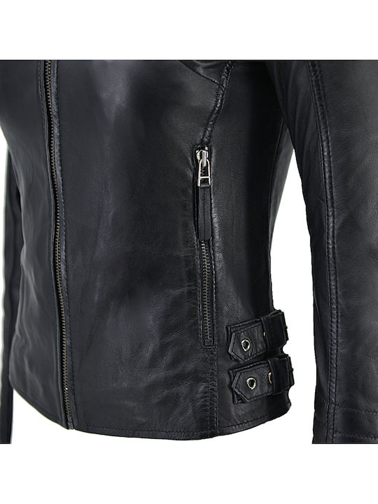 Women's Short Biker Leather Jacket for Winter Black