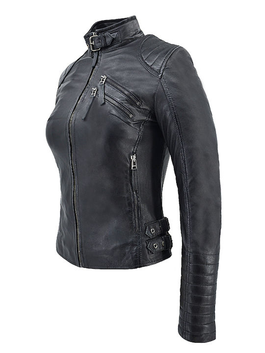 Women's Short Biker Leather Jacket for Winter Black