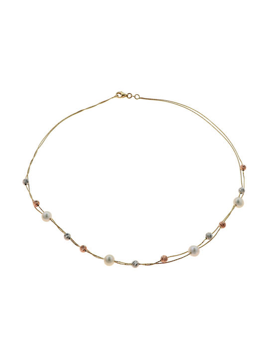 Necklace Double from Gold 14K with Pearls