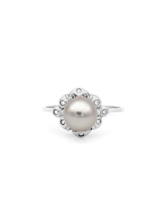 Women's White Gold Ring with Pearl & Diamond 18K