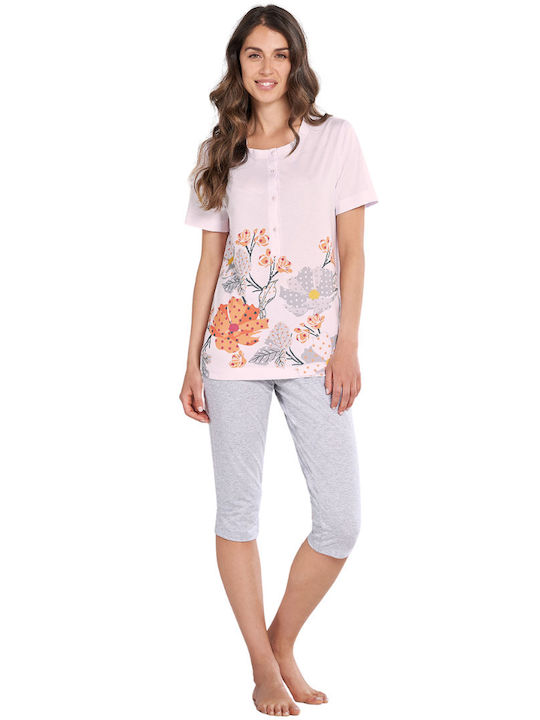 Linclalor Summer Women's Pyjama Set Cotton Pink-Grey