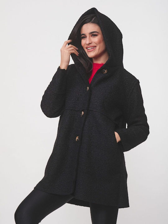 Curly Women's Black Coat with Hood