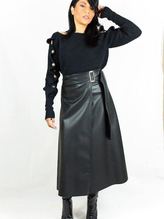 Avant Garde Leather High Waist Midi Skirt in Black color