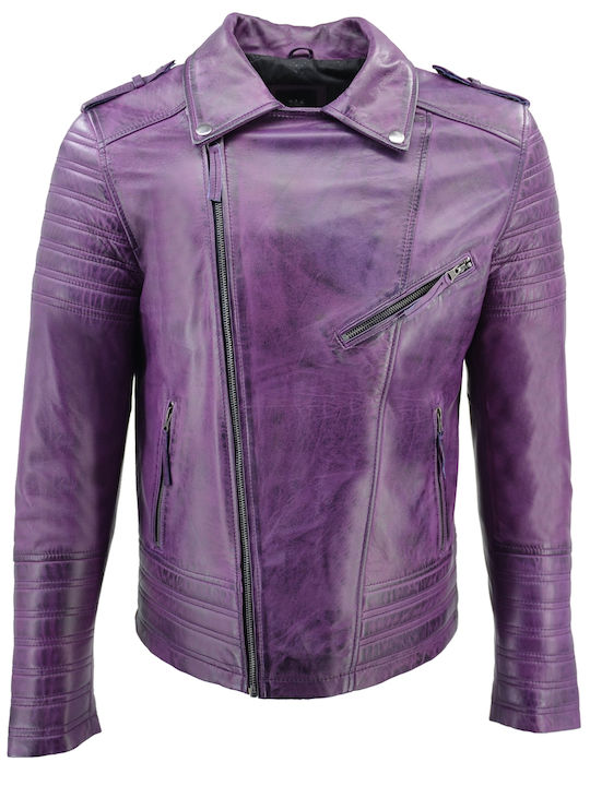 Δερμάτινα 100 Men's Leather Biker Jacket Purple