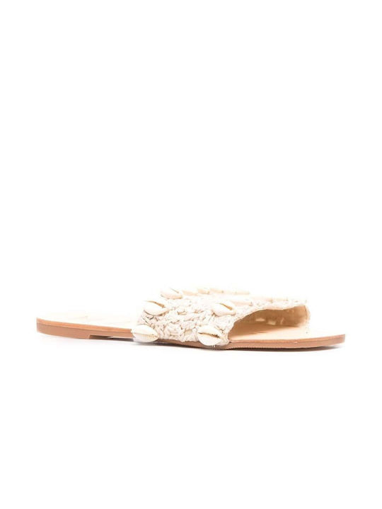 Manebi Shells & Crochet; Yucatán Leather Women's Flat Sandals in Beige Color