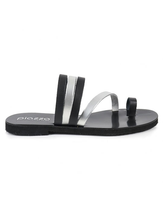 Piazza Shoes Leather Women's Flat Sandals in Black Color