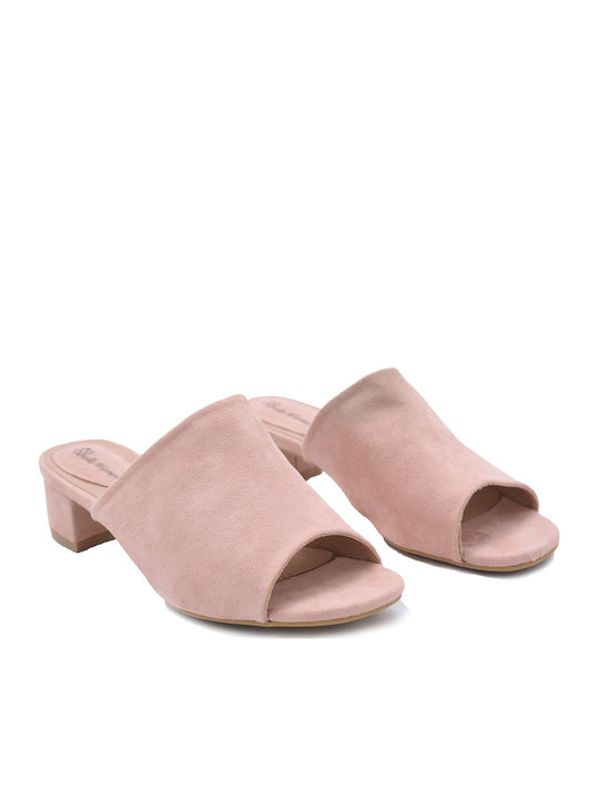 Leder Mules mit Chunky Niedrig Absatz in Rosa Farbe