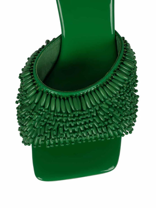 Beaded-me Mules with Thin High Heel in Green Color