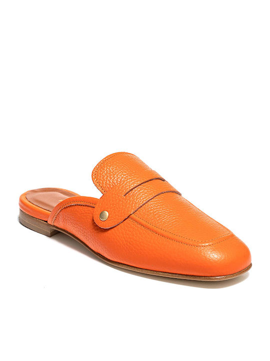 Flat Leather Mules in Orange Color