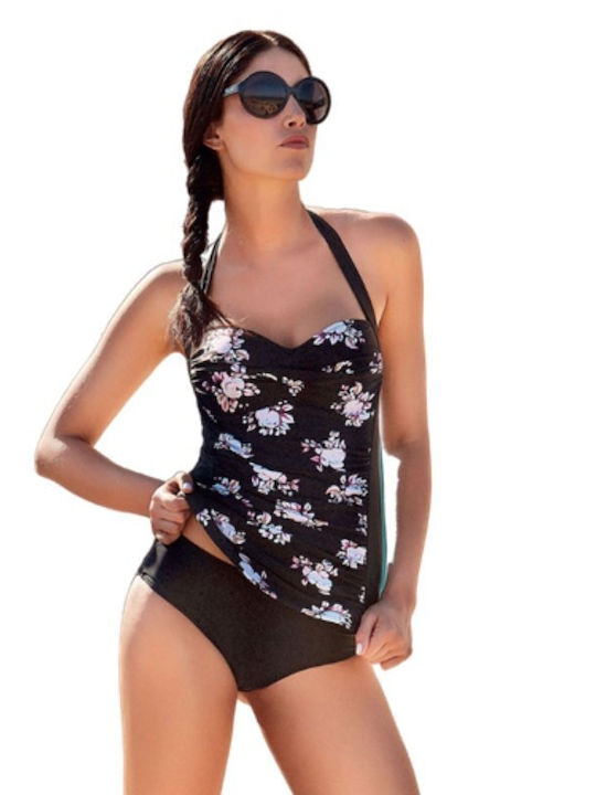 Bellissima Floral Halterneck Tankini Swimsuit Black