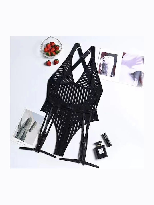 La Lolita Amsterdam Sexy Κορμάκι με Διαφάνεια & Ζαρτιέρες Μαύρο