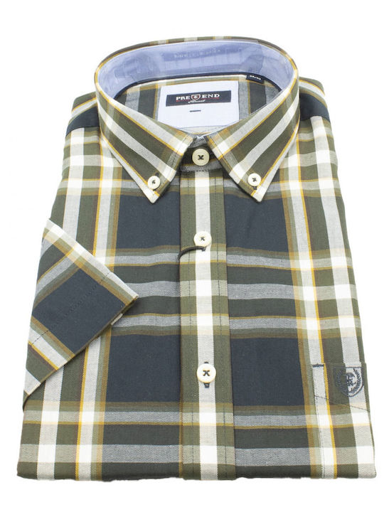 Pre End Men's Shirt Short Sleeve Checked Blue olive oil.