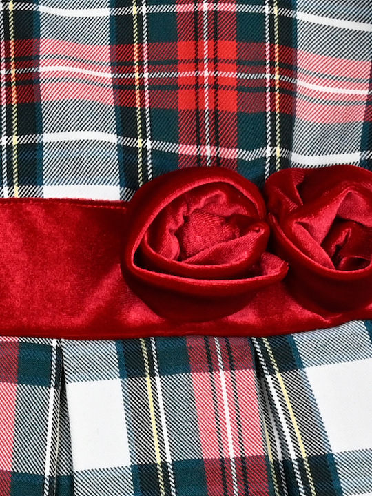 Children's Dress Short Sleeve Velvet Checked Set with Accessories Red