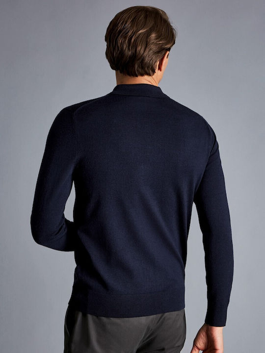 Charles Tyrwhitt Men's Long Sleeve Sweater Polo Navy Blue