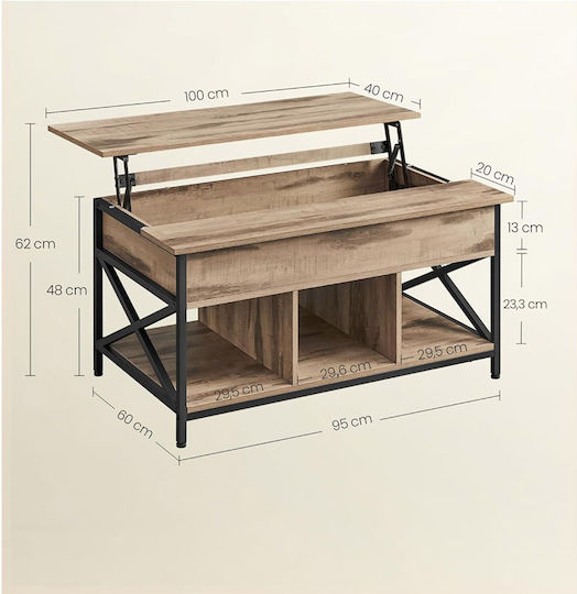 Rechteckiges Zentral Kaffeetisch aus Holz mit Hebemechanismus Braun M100xB60xH62cm Vasagle