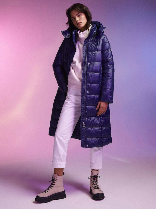Women's Long Puffer Jacket for Winter with Hood Blue