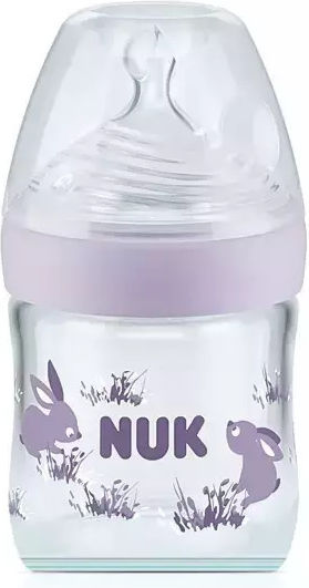 Nuk Glass Baby Bottle Nature Sense Rabbits Purple Anti-Colic with Silicone Nipple for 0-6 months Purple Bunnies - Purple 120ml