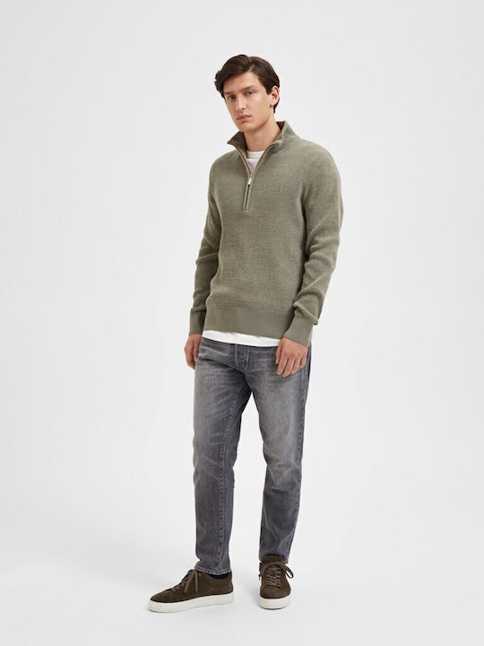 Selected Neck Men's Long Sleeve Sweater with Zipper Vetiver