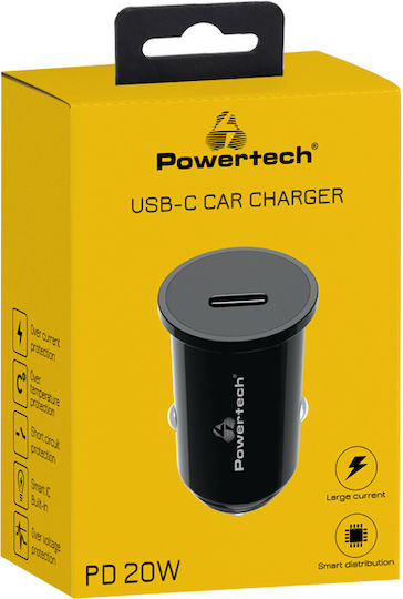 Powertech Car Charger 20W Fast Charging with Ports: 1xUSB 1xType-C Black Color