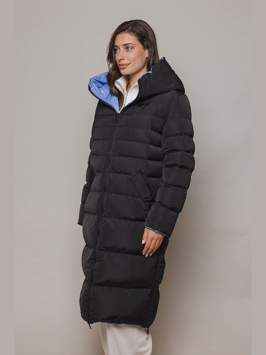 Rino&Pelle Women's Long Puffer Jacket Double Sided for Winter Black