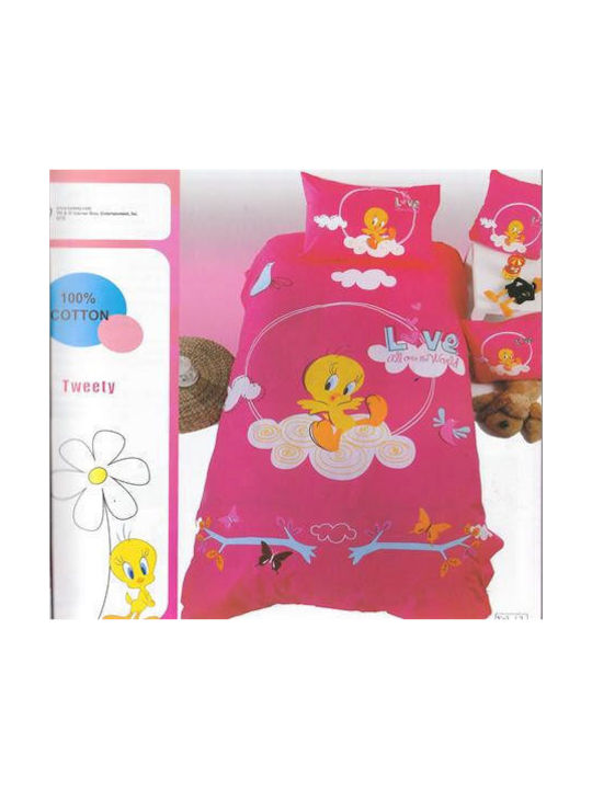 Viopros Σετ Παιδικό Πάπλωμα Μονό με Μαξιλαροθήκη Tweety Φούξια Ροζ 160x240εκ.
