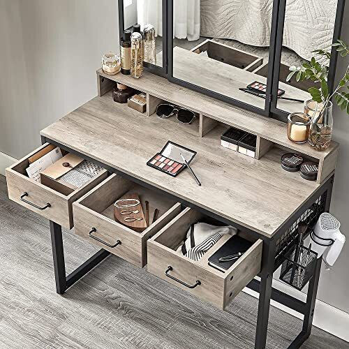 Bodenstehende Schminktisch aus Holz & Metall Braune mit Spiegel & Hocker 90x40x141cm