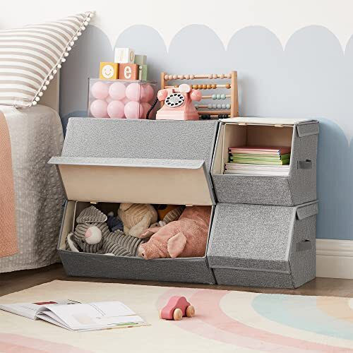 Songmics Stoff Aufbewahrungsbox mit Deckel Graue 35x25x50cm 4 Stück