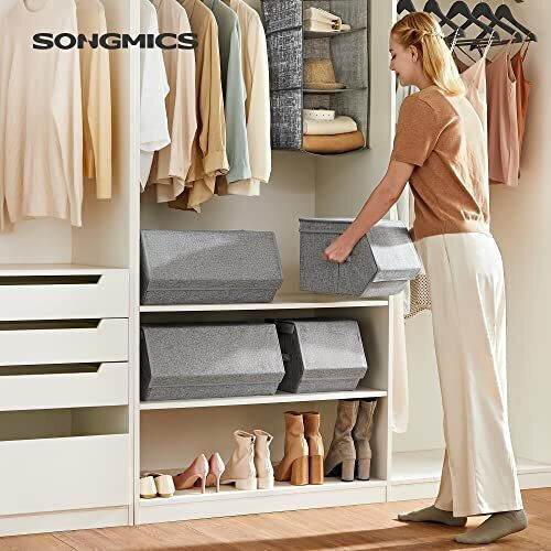 Songmics Stoff Aufbewahrungsbox mit Deckel Graue 35x25x50cm 4 Stück