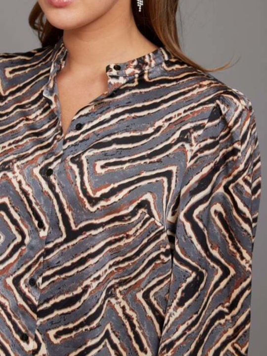 Rut & Circle Women's Blouse Satin Long Sleeve Animal Print grey