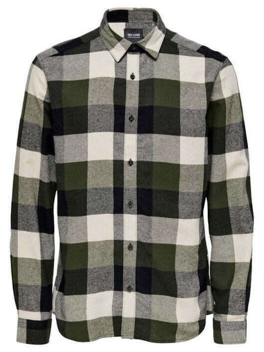 Only & Sons Men's Shirt Long-sleeved Cotton Checked Green