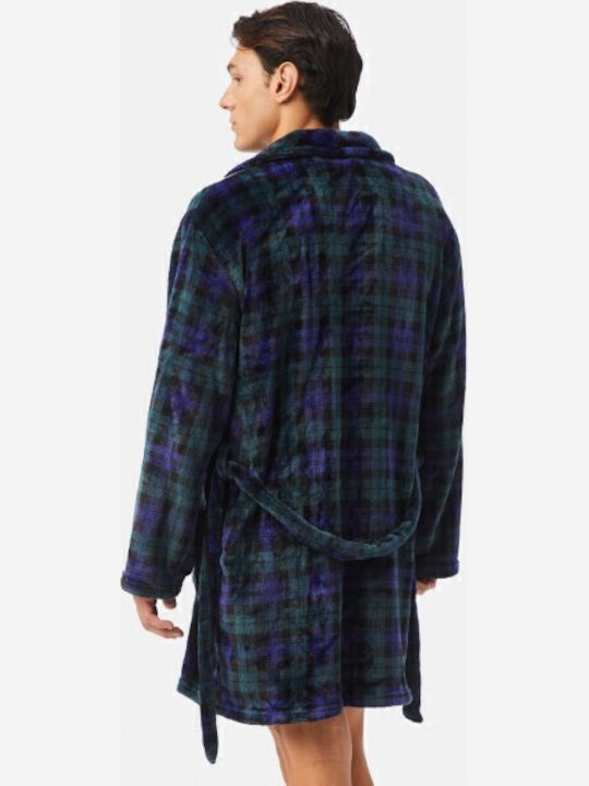Minerva Men's Winter Checked Pajama Robe Black, Blue, Green