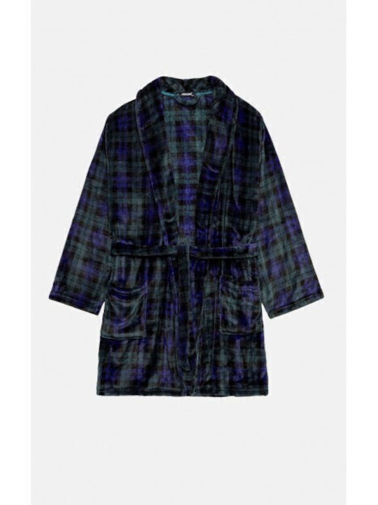 Minerva Men's Winter Checked Pajama Robe Black, Blue, Green