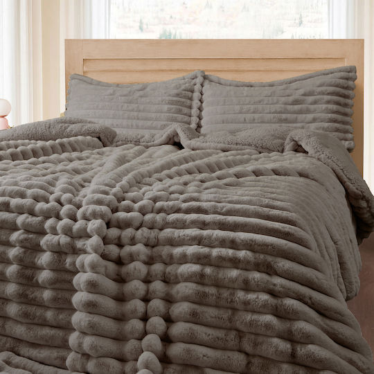 Saray Home Κουβερτοπάπλωμα Σετ Υπέρδιπλο 220x240εκ. Stripe Καφέ 3τμχ 230 GSM