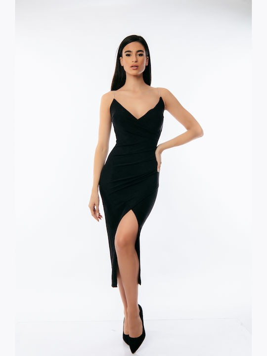 Dress Up Midi Evening Dress with Slit Black