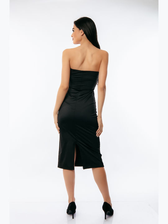 Summer Midi Evening Strapless Satin Black Dress