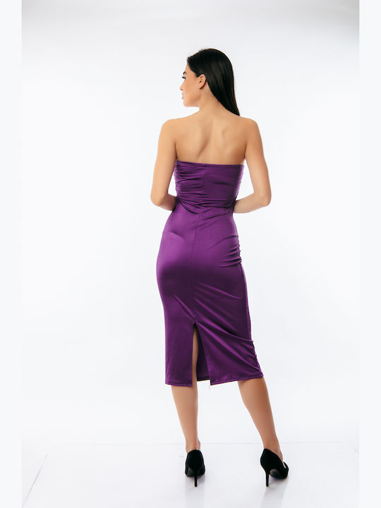 Summer Midi Evening Strapless Satin Lilac Dress