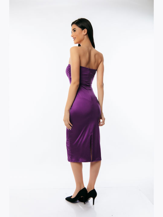 Summer Midi Evening Strapless Satin Lilac Dress