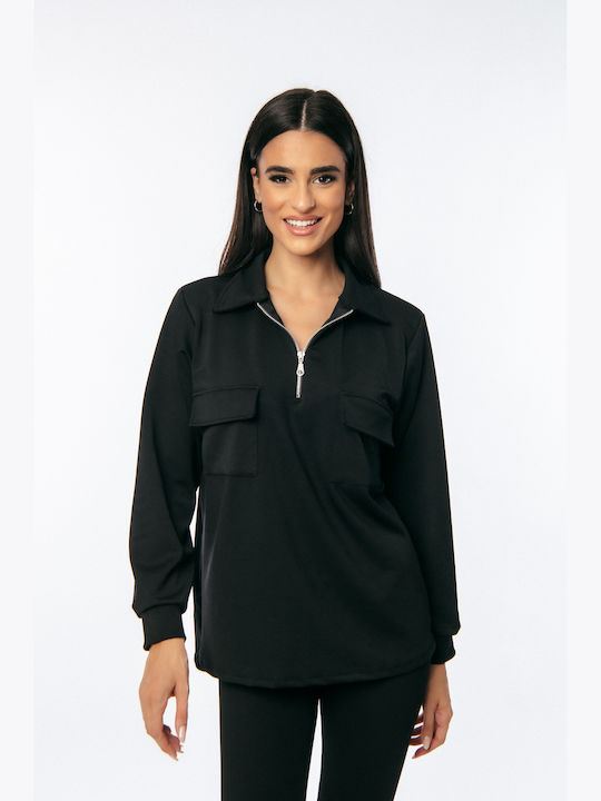 Dress Up Women's Blouse Long Sleeve with Zipper Black