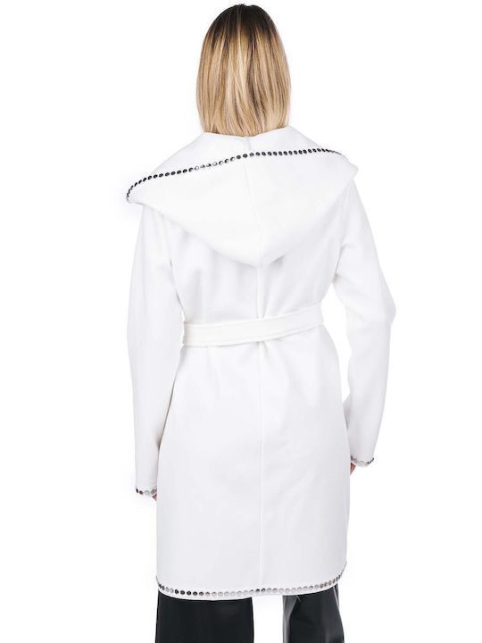 Zoya Γυναικείο Λευκό Παλτό με Κουκούλα