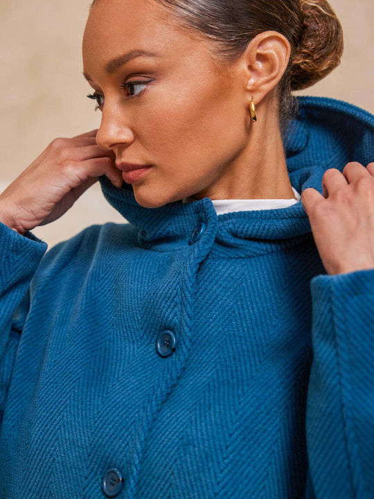 Women's Short Half Coat with Buttons and Hood petrol