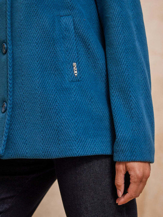 Women's Short Half Coat with Buttons and Hood petrol